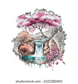 Blossom Tree Waterfall Traditional Japanese | Transparent 300dpi digital tshirt POD, EPS, vector, clipart, book cover, wallart, ready to print, Print-on-Demand, colorful, no background, beauty