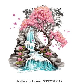 Blossom Tree Waterfall Traditional Japanese | Transparent 300dpi digital tshirt POD, EPS, vector, clipart, book cover, wallart, ready to print, Print-on-Demand, colorful, no background, beauty