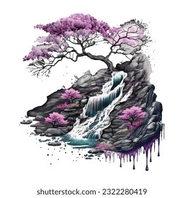 Blossom Tree Waterfall Traditional Japanese | Transparent 300dpi digital tshirt POD, EPS, vector, clipart, book cover, wallart, ready to print, Print-on-Demand, colorful, no background, beauty