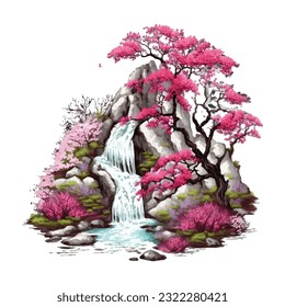 Blossom Tree Waterfall Traditional Japanese | Transparent 300dpi digital tshirt POD, EPS, vector, clipart, book cover, wallart, ready to print, Print-on-Demand, colorful, no background, beauty