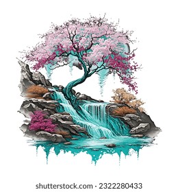 Blossom Tree Waterfall Traditional Japanese | Transparent 300dpi digital tshirt POD, EPS, vector, clipart, book cover, wallart, ready to print, Print-on-Demand, colorful, no background, beauty