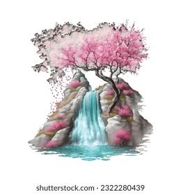 Blossom Tree Waterfall Traditional Japanese | Transparent 300dpi digital tshirt POD, EPS, vector, clipart, book cover, wallart, ready to print, Print-on-Demand, colorful, no background, beauty