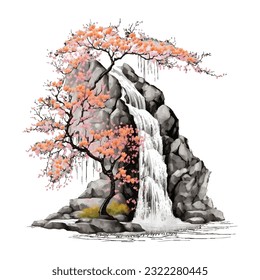 Blossom Tree Waterfall Traditional Japanese | Transparent 300dpi digital tshirt POD, EPS, vector, clipart, book cover, wallart, ready to print, Print-on-Demand, colorful, no background, beauty