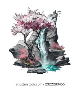 Blossom Tree Waterfall Traditional Japanese | Transparent 300dpi digital tshirt POD, EPS, vector, clipart, book cover, wallart, ready to print, Print-on-Demand, colorful, no background, beauty