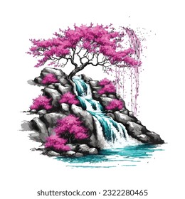 Blossom Tree Waterfall Traditional Japanese | Transparent 300dpi digital tshirt POD, EPS, vector, clipart, book cover, wallart, ready to print, Print-on-Demand, colorful, no background, beauty