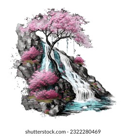 Blossom Tree Waterfall Traditional Japanese | Transparent 300dpi digital tshirt POD, EPS, vector, clipart, book cover, wallart, ready to print, Print-on-Demand, colorful, no background, beauty