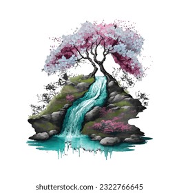 Blossom Tree Waterfall Traditional Japanese | Transparent 300dpi digital tshirt POD, EPS, vector, clipart, book cover, wallart, ready to print, Print-on-Demand, colorful, no background, beauty