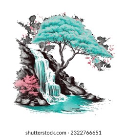 Blossom Tree Waterfall Traditional Japanese | Transparent 300dpi digital tshirt POD, EPS, vector, clipart, book cover, wallart, ready to print, Print-on-Demand, colorful, no background, beauty