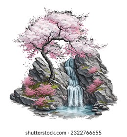 Blossom Tree Waterfall Traditional Japanese | Transparent 300dpi digital tshirt POD, EPS, vector, clipart, book cover, wallart, ready to print, Print-on-Demand, colorful, no background, beauty