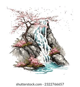 Blossom Tree Waterfall Traditional Japanese | Transparent 300dpi digital tshirt POD, EPS, vector, clipart, book cover, wallart, ready to print, Print-on-Demand, colorful, no background, beauty