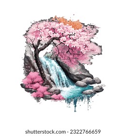 Blossom Tree Waterfall Traditional Japanese | Transparent 300dpi digital tshirt POD, EPS, vector, clipart, book cover, wallart, ready to print, Print-on-Demand, colorful, no background, beauty