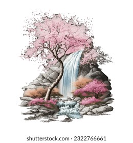 Blossom Tree Waterfall Traditional Japanese | Transparent 300dpi digital tshirt POD, EPS, vector, clipart, book cover, wallart, ready to print, Print-on-Demand, colorful, no background, beauty