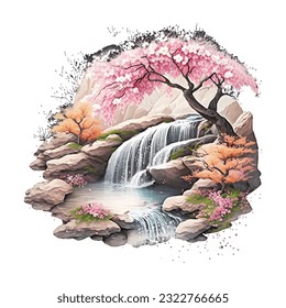 Blossom Tree Waterfall Traditional Japanese | Transparent 300dpi digital tshirt POD, EPS, vector, clipart, book cover, wallart, ready to print, Print-on-Demand, colorful, no background, beauty