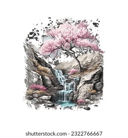 Blossom Tree Waterfall Traditional Japanese | Transparent 300dpi digital tshirt POD, EPS, vector, clipart, book cover, wallart, ready to print, Print-on-Demand, colorful, no background, beauty