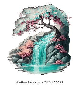 Blossom Tree Waterfall Traditional Japanese | Transparent 300dpi digital tshirt POD, EPS, vector, clipart, book cover, wallart, ready to print, Print-on-Demand, colorful, no background, beauty