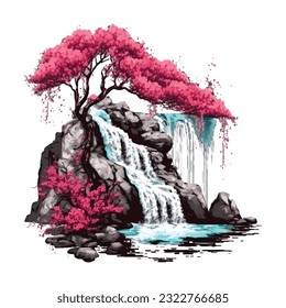 Blossom Bäume Wasserfall Traditionelles Japanisches | Transparenter digitaler T-Shirt-POD (300dpi), EPS, Vektorgrafik, Clipart, Buchcover, Bildschirmhintergrund, Print-on-Demand, bunt, ohne Hintergrund, Schönheit