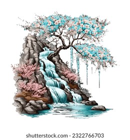 Blossom Tree Waterfall Traditional Japanese | Transparent 300dpi digital tshirt POD, EPS, vector, clipart, book cover, wallart, ready to print, Print-on-Demand, colorful, no background, beauty
