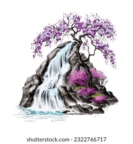 Blossom Tree Waterfall Traditional Japanese | Transparent 300dpi digital tshirt POD, EPS, vector, clipart, book cover, wallart, ready to print, Print-on-Demand, colorful, no background, beauty