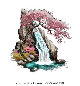 Blossom Tree Waterfall Traditional Japanese | Transparent 300dpi digital tshirt POD, EPS, vector, clipart, book cover, wallart, ready to print, Print-on-Demand, colorful, no background, beauty