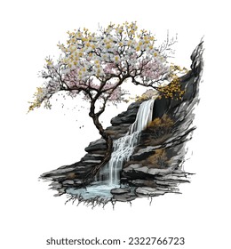 Blossom Tree Waterfall Traditional Japanese | Transparent 300dpi digital tshirt POD, EPS, vector, clipart, book cover, wallart, ready to print, Print-on-Demand, colorful, no background, beauty