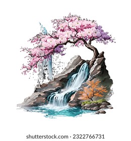 Blossom Tree Waterfall Traditional Japanese | Transparent 300dpi digital tshirt POD, EPS, vector, clipart, book cover, wallart, ready to print, Print-on-Demand, colorful, no background, beauty