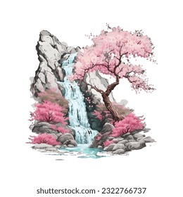Blossom Tree Waterfall Traditional Japanese | Transparent 300dpi digital tshirt POD, EPS, vector, clipart, book cover, wallart, ready to print, Print-on-Demand, colorful, no background, beauty