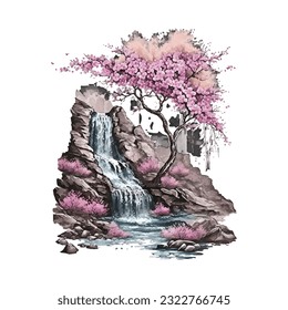 Blossom Tree Waterfall Traditional Japanese | Transparent 300dpi digital tshirt POD, EPS, vector, clipart, book cover, wallart, ready to print, Print-on-Demand, colorful, no background, beauty