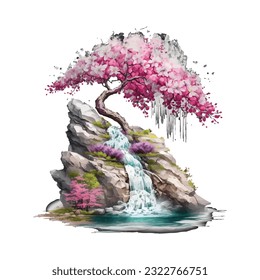 Blossom Tree Waterfall Traditional Japanese | Transparent 300dpi digital tshirt POD, EPS, vector, clipart, book cover, wallart, ready to print, Print-on-Demand, colorful, no background, beauty