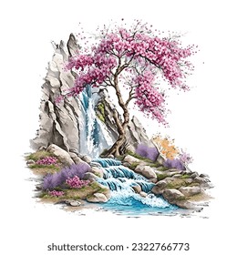 Blossom Tree Waterfall Traditional Japanese | Transparent 300dpi digital tshirt POD, EPS, vector, clipart, book cover, wallart, ready to print, Print-on-Demand, colorful, no background, beauty