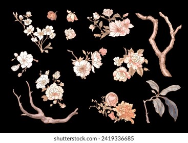 Blossom trees with birds swallow and parrots. Set, element for design. Vector illustration. In Chinoiserie, botanical style