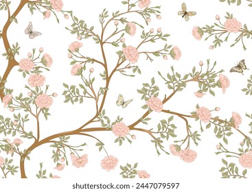 Blossom trees with flowers and butterflies. Seamless pattern, background. Vector illustration. In Chinoiserie, japandi, botanical style