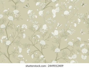 Blossom trees with flowers and butterflies. Seamless pattern, background. Vector illustration. In Chinoiserie, japandi, botanical style