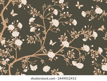 Blossom trees with flowers and butterflies. Seamless pattern, background. Vector illustration. In Chinoiserie, japandi, botanical style