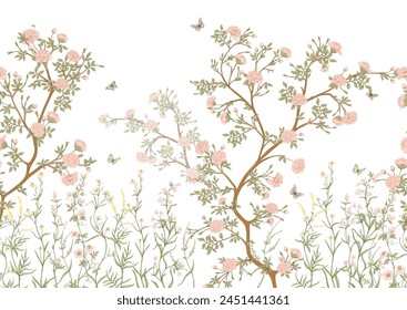 Blossom trees with flowers and butterflies. Seamless pattern, background. Vector illustration. In Chinoiserie, japandi, botanical style