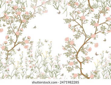 Blossom trees with flowers and butterflies. Seamless pattern, background. Vector illustration. In Chinoiserie, japandi, botanical style