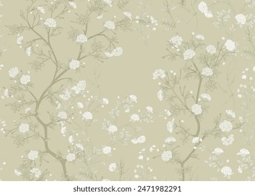 Blossom trees with flowers and butterflies. Seamless pattern, background. Vector illustration. In Chinoiserie, japandi, botanical style