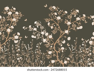 Blossom trees with flowers and butterflies. Seamless pattern, background. Vector illustration. In Chinoiserie, japandi, botanical style