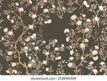 Árboles en flor con flores y mariposas. Patrón sin fisuras, fondo. Ilustración vectorial. En Chinoiserie, japandi, estilo botánico