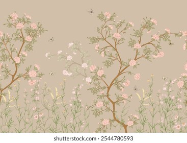 Árboles en flor con flores y mariposas. Patrón sin fisuras, fondo. Ilustración vectorial. En Chinoiserie, japandi, estilo botánico