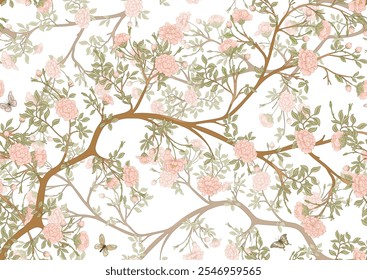 Blossom trees with flowers and butterflies. Seamless pattern, background. Vector illustration. In Chinoiserie, japandi, botanical style