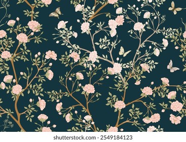 Blossom trees with flowers and butterflies. Seamless pattern, background. Vector illustration. In Chinoiserie, japandi, botanical style