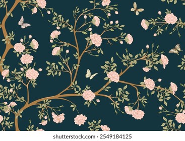 Blossom trees with flowers and butterflies. Seamless pattern, background. Vector illustration. In Chinoiserie, japandi, botanical style