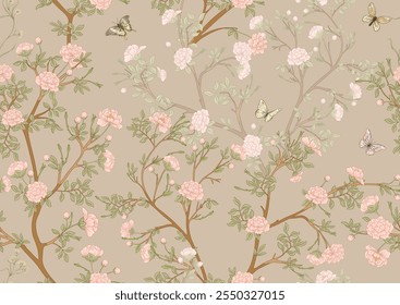 Blossom trees with flowers and butterflies. Seamless pattern, background. Vector illustration. In Chinoiserie, japandi, botanical style