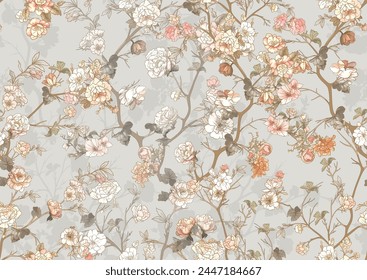 Blossom trees with flowers. Seamless pattern, background. Vector illustration. In Chinoiserie, japandi, botanical style