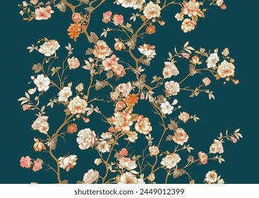 Árboles floridos con flores. Patrón sin fisuras, fondo. Ilustración vectorial. En Chinoiserie, estilo botánico japonés