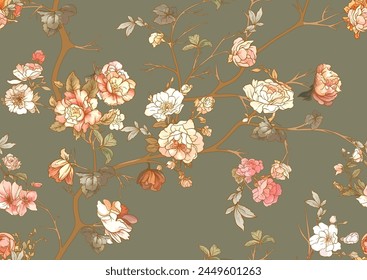 Blossom trees with flowers. Seamless pattern, background. Vector illustration. In Chinoiserie, japandi, botanical style