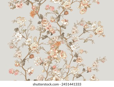 Blossom trees with flowers. Seamless pattern, background. Vector illustration. In Chinoiserie, japandi, botanical style