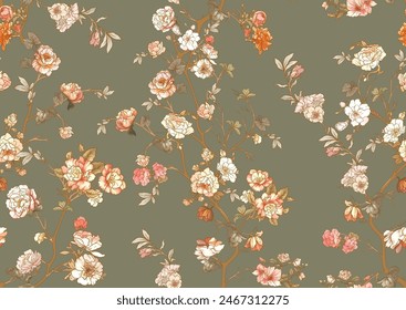 Blossom trees with flowers. Seamless pattern, background. Vector illustration. In Chinoiserie, japandi, botanical style