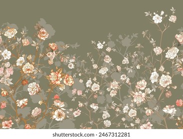 Blossom trees with flowers. Seamless pattern, background. Vector illustration. In Chinoiserie, japandi, botanical style