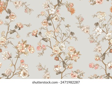 Blossom trees with flowers. Seamless pattern, background. Vector illustration. In Chinoiserie, japandi, botanical style